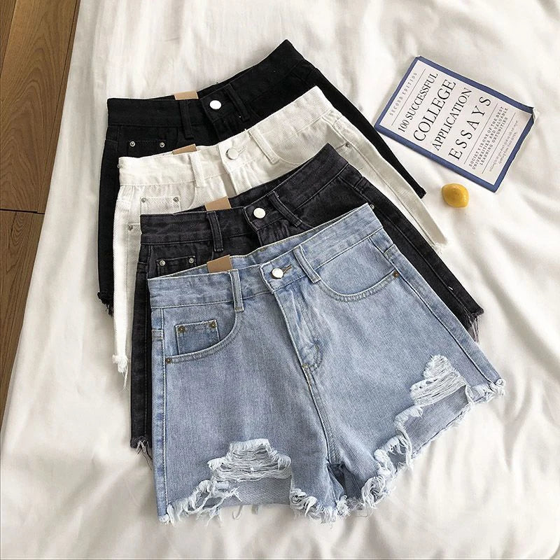 Ripped Women Denim Shorts Korean Chic High Waist Female Casual Shorts Summer New Pockets Solid All Match Ladies Wide Leg Pants